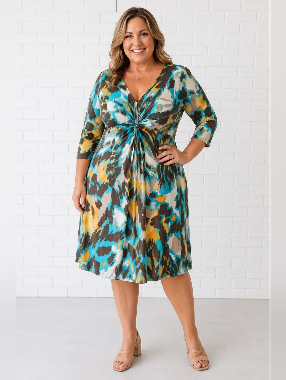 Liz Lange NEW Plus 1x Knot-Front V-Neck Abstract Print Midi Dress:Teal & Mustard
